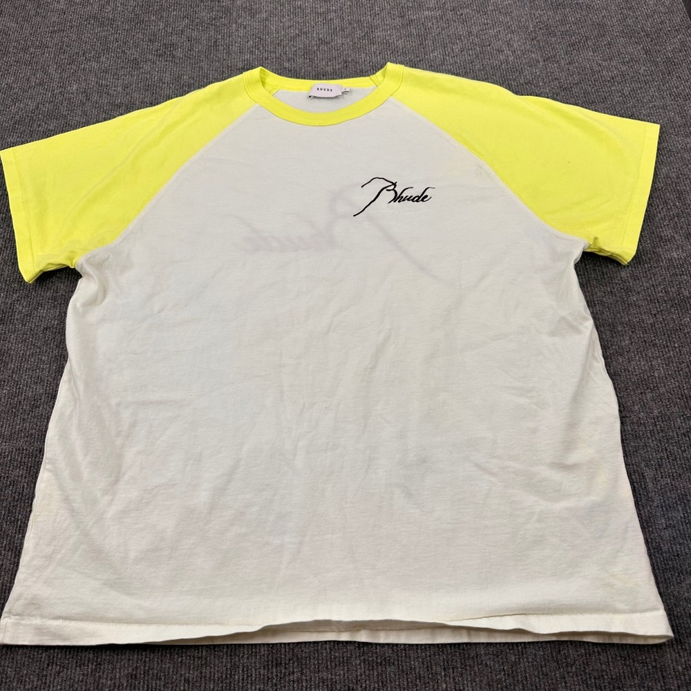 Rhude Raglan T-Shirt Mens XL Script Logo Neon Yellow White Modern Casual